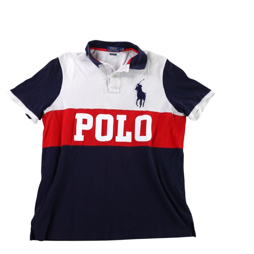 Polo Ralph Lauren Polo Shirt Men Large Blue White Red Colorblock Big Pony Logo